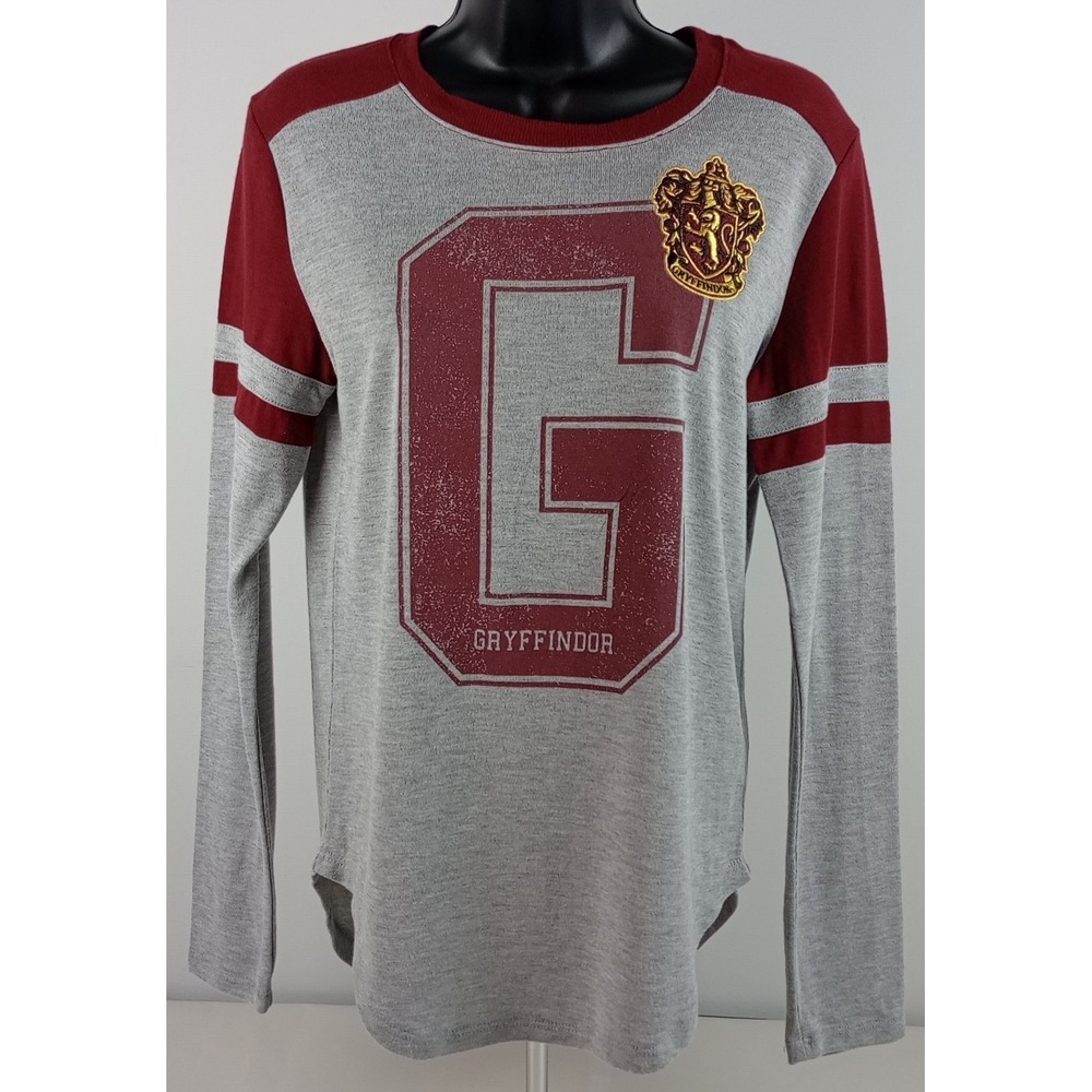 Warner Harry Potter Womens M Gryffindor Red Gray Long Sleeve T-Shirt Crest Patch